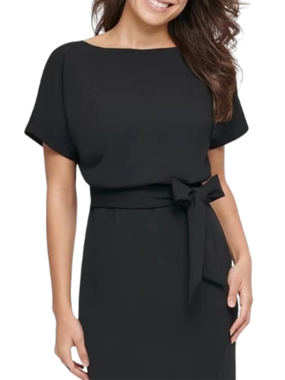 Kensie Black Blouson Faux Wrap Top Knee Length Dress Tie Waist Size 10